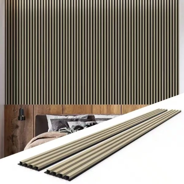Close-up detail of PS polystyrene grille wall panel showing vertical fluted groove pattern with wood-grain decorative film surface finish and tongue-and-groove edge profile for interlocking panel installation system Close-up detail of PS polystyrene grille wall panel showing vertical fluted groove pattern with wood-grain decorative film surface finish and tongue-and-groove edge profile for interlocking panel installation system
